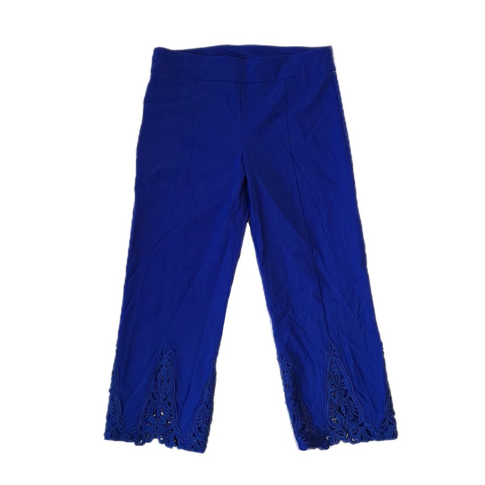 Attyre New York | Cobalt Blue Embroidered Slim Fit Stretch Crop Pants, Size 14